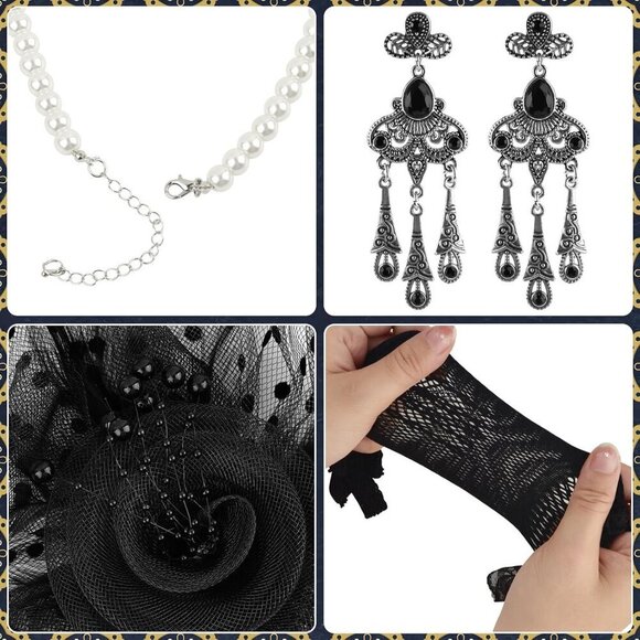 Women’s Vintage Fascinator Hat Set Mesh Gloves Pearls Earrings Gifts main image 5